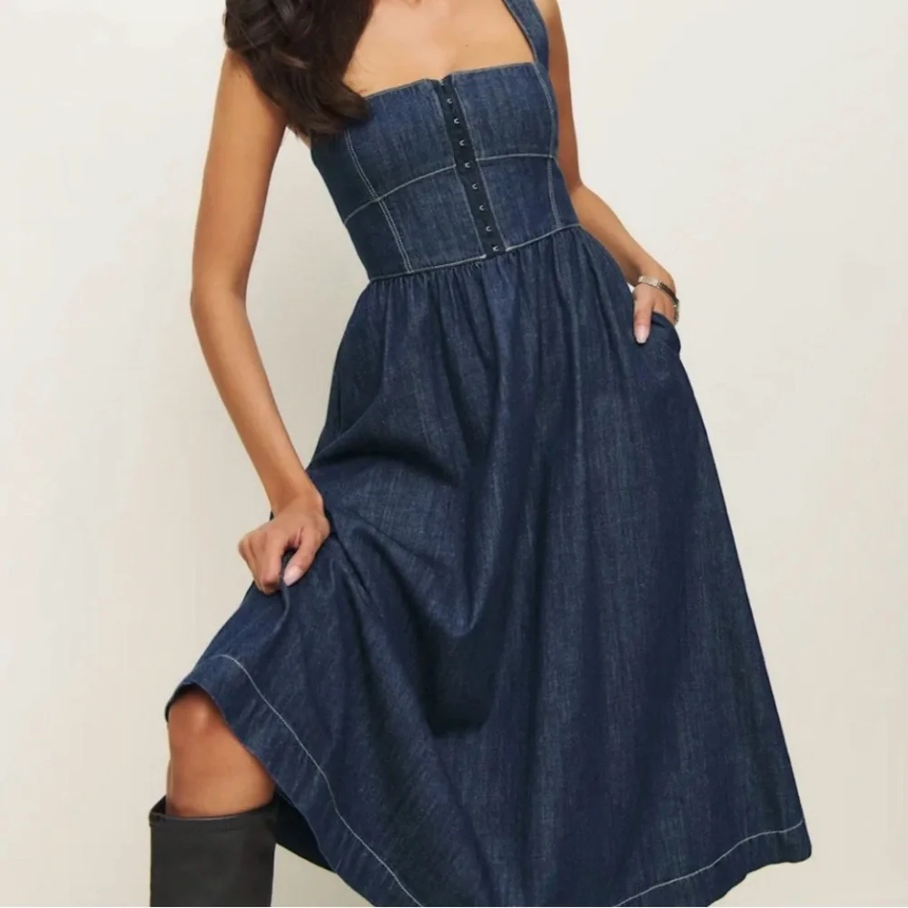 Reformation Tagliatelle Denim Midi Dress Blue Size 6 NEW - Picture 4 of 12